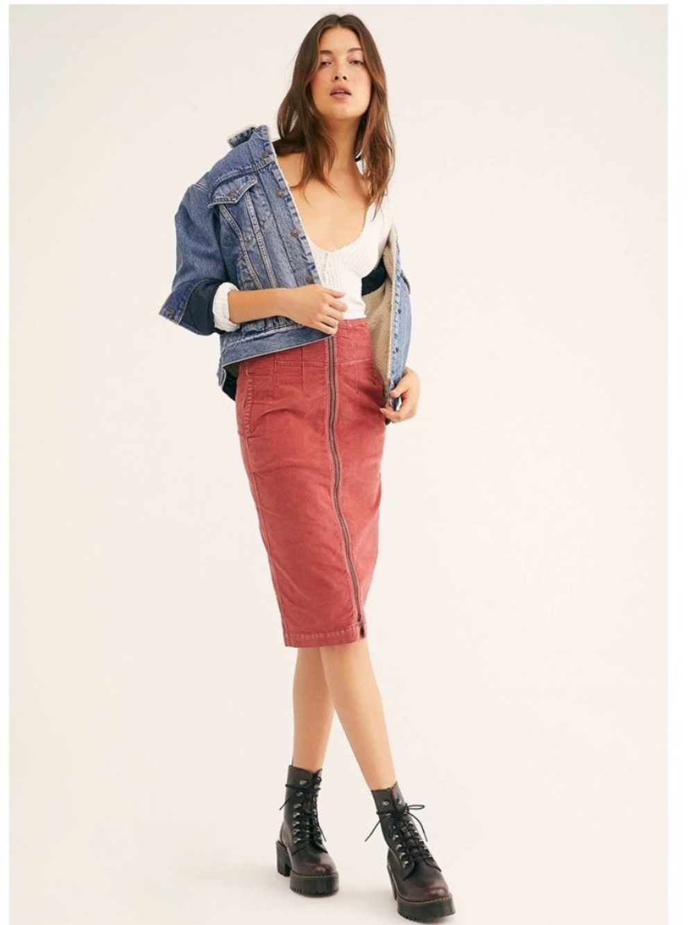 Free People I Want It All Cord Midi Skirt Poppy 30